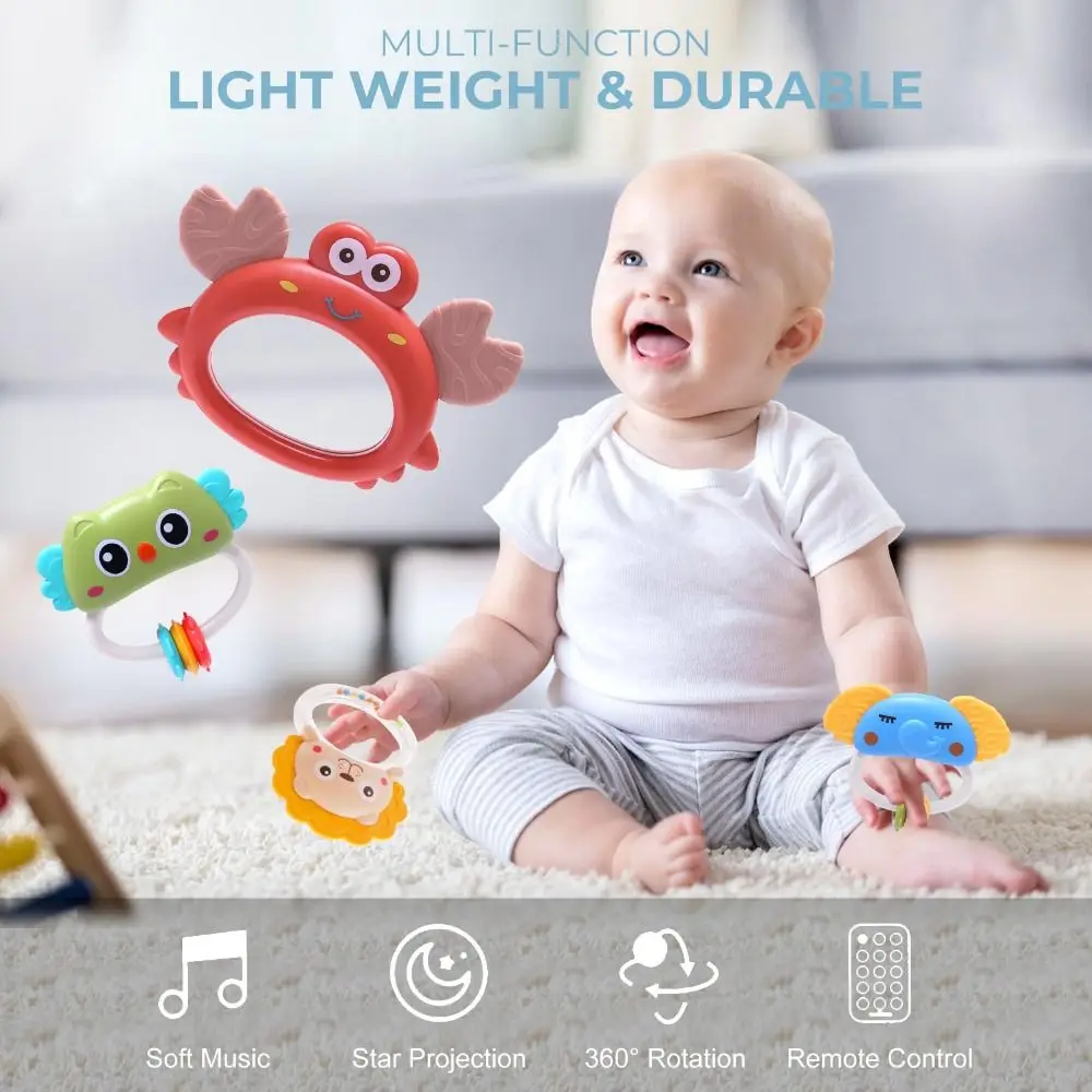 Einfache Installation, Musik-Krippe-Projektion, Rassellichter, tragbar, mobil, beruhigend, hängend, Musikkarussell, mobil, 0–1 Jahr