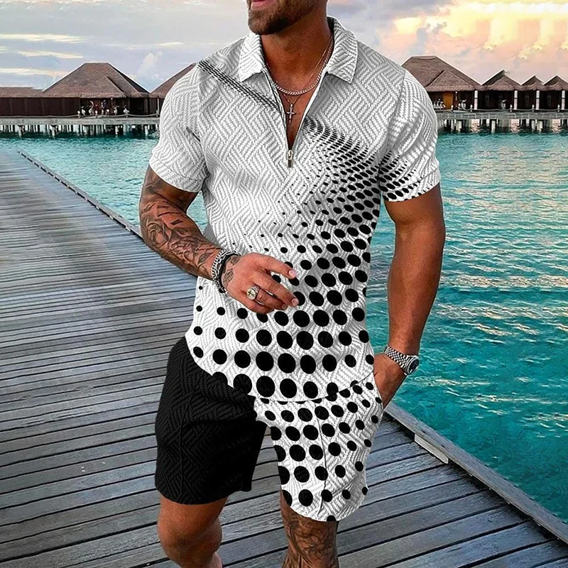 Casual Simple Men's Short Sleeve Sets Fashion Zipper Polo Shirts Shorts 2 Piece Outfit Summer Hip Hop Trend Loose Tees Top Suit