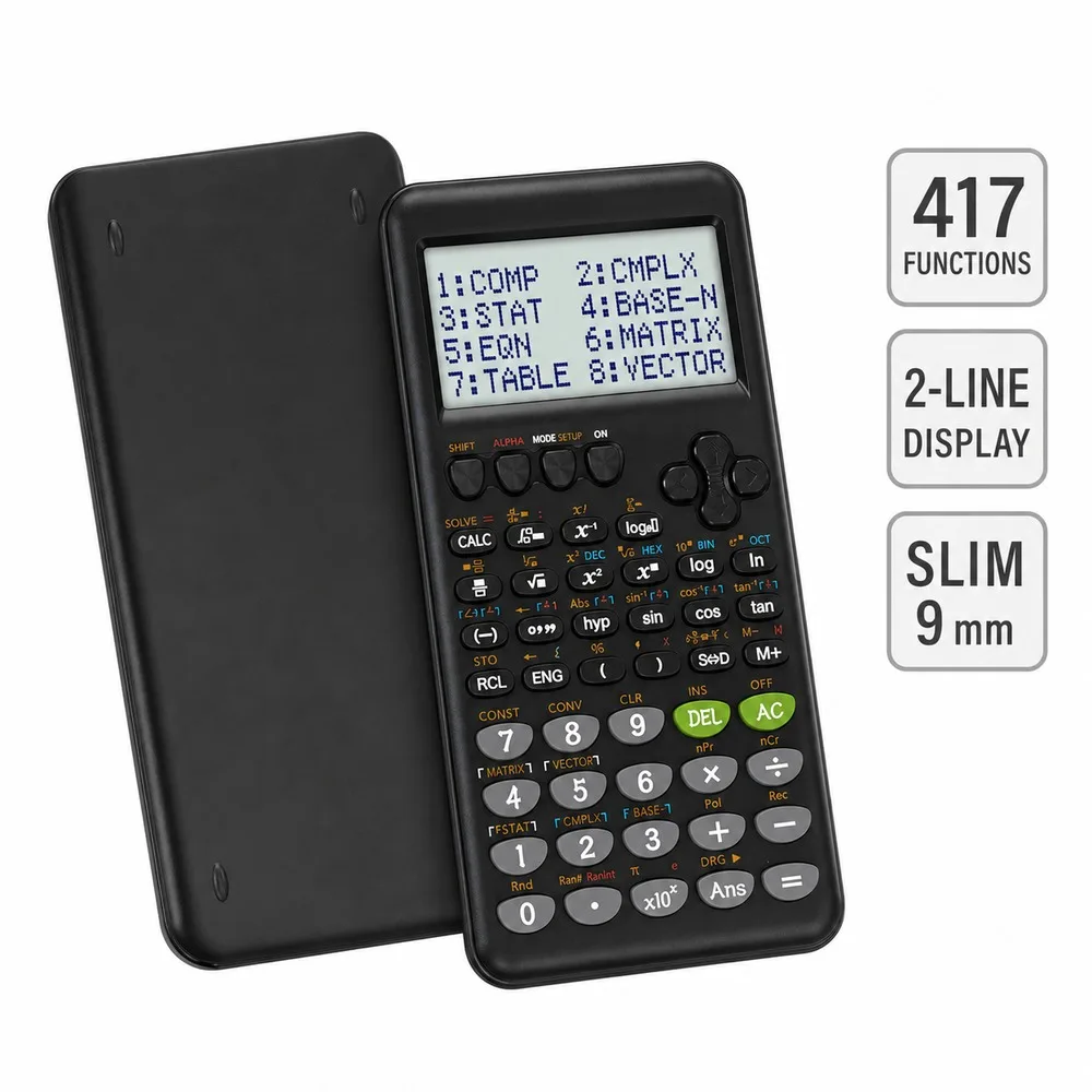 Large Screen Scientific Calculator 10+2 Digits, 417 Functions for School College Exams, Slim ABS Body with Cover