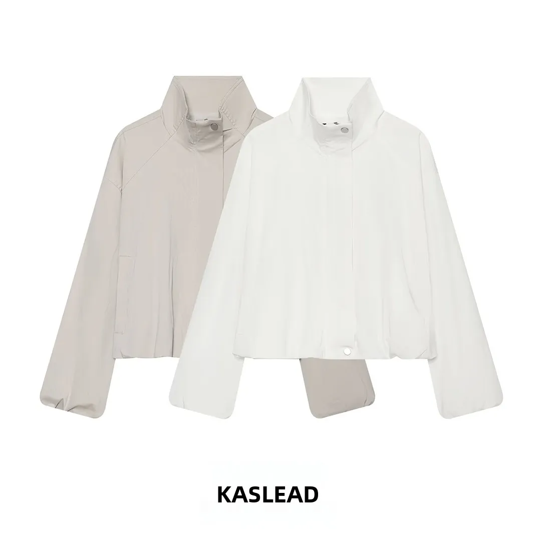KASLEAD New Women's Fashion Short Zipper Button Stand Collar Windproof Jacket Stylish Versatile Outerwear for Ladies