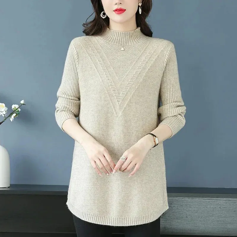 6XL Large Size Women\'s Autumn Winter High End Wool Sweater Loose Solid All-match Knitted Pullovers Korean Mid-Length Jumper Tops