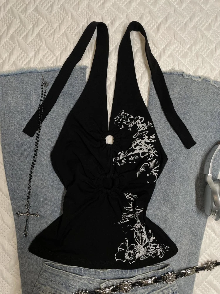 Halter Aesthetics Slim Y2k Tank Top Chic Goth Vintage Crop Top Punk Sleeveless 2000s Streetwear Grunge Emo Vest V-Neck Harajuku