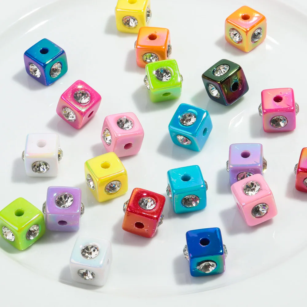 10pcs Iridescent Acrylic Rhinestone Cube Cube Shape Beads Accessories New Geometric Loose Bead Pendant for DIY Jewelry Making
