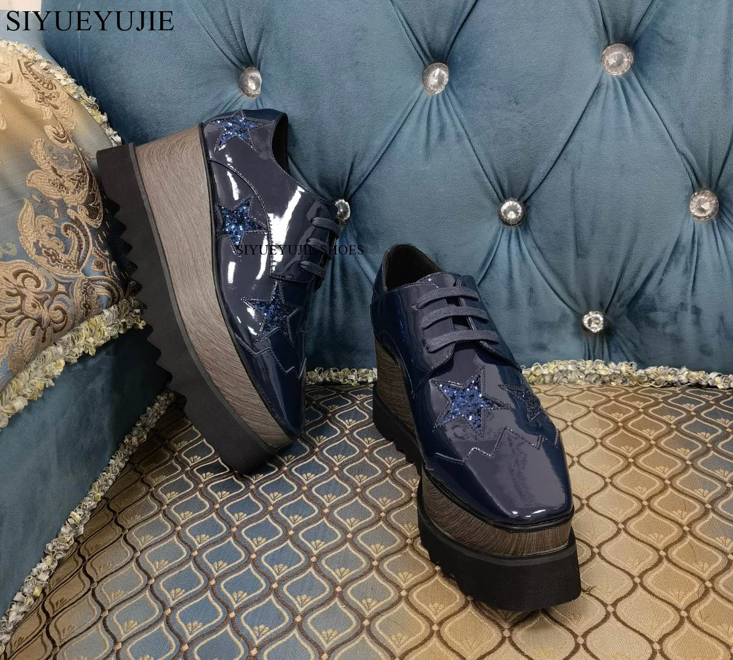 

Stars Loafer Shoes Women Square Toe lace-up Thick Bottom Platform Wedge Shoes For Women Causal sneakers Real Leather Shoes 2024