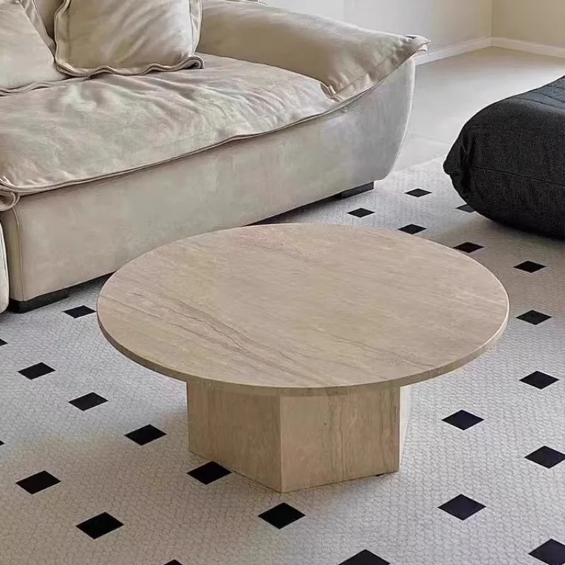 Wabi-sabi wind light luxury household living room natural travertine coffee table, villa hotel homestay leisure marble