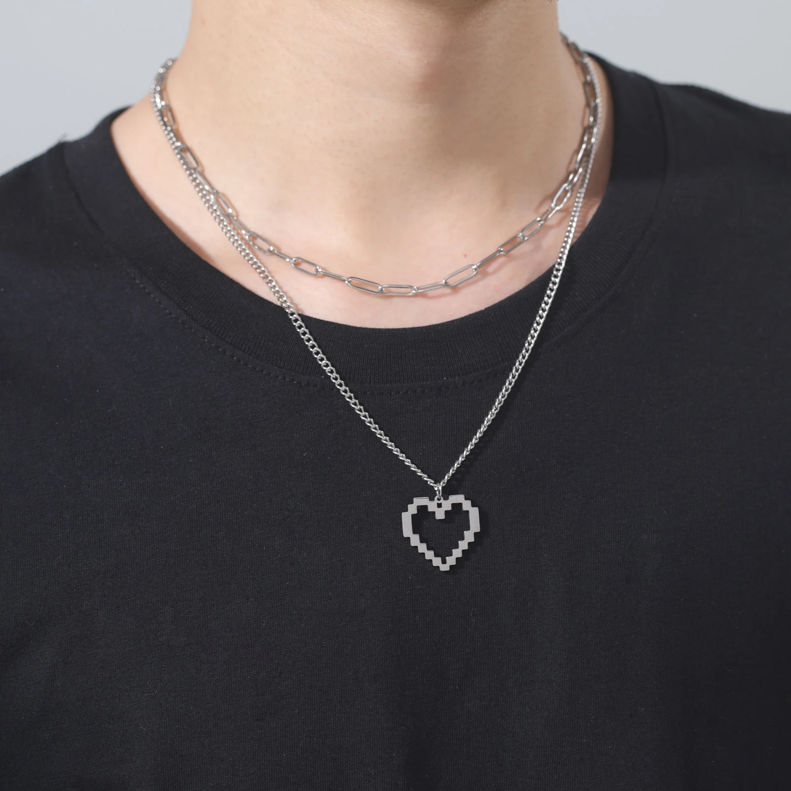 My Shape Punk Pixel Heart Necklaces for Women Men Stainless Steel Geometric Pendant Necklace Box Chain Fashion Party Jewelry