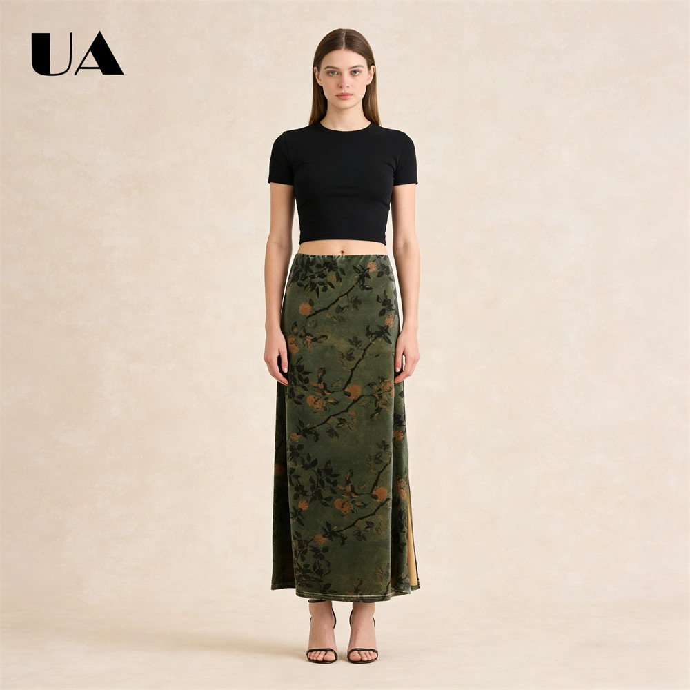 Ulbyanry elegante na moda saia de veludo outono retro floral cintura alta emagrecimento saia longa vintage elegância saias