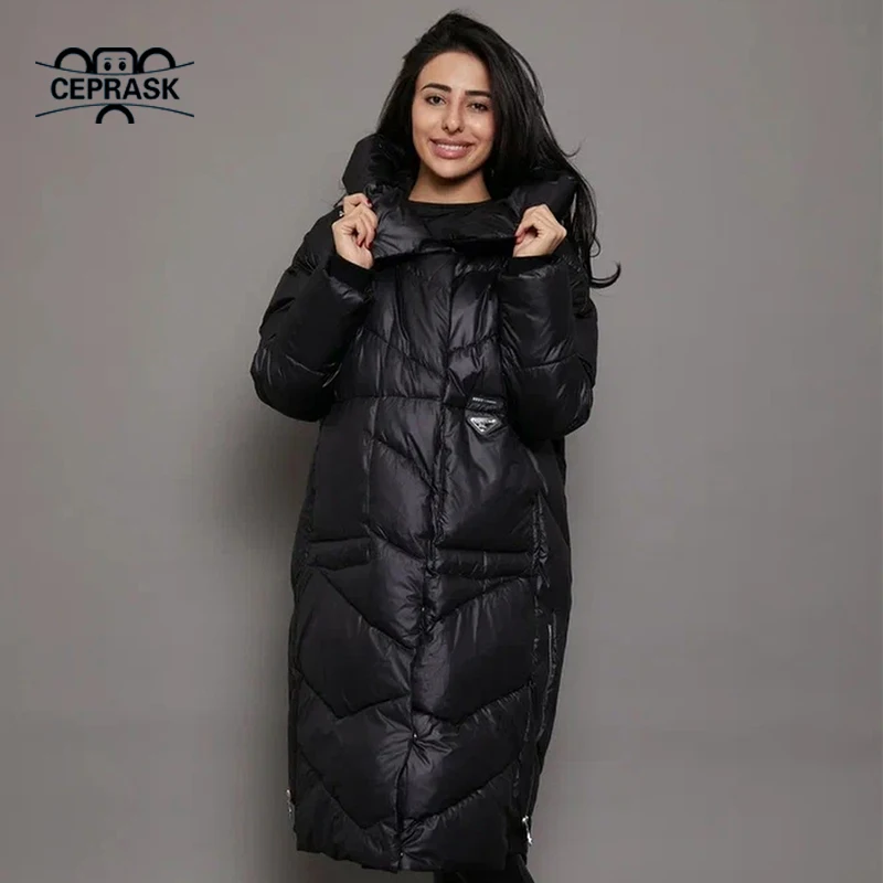 CEPRASK 2023 New Fashion Winter Quilted Coat Women X-Long High Quality Cotton Parkas Hooded Outerwear Warm Thick Woman Jacket