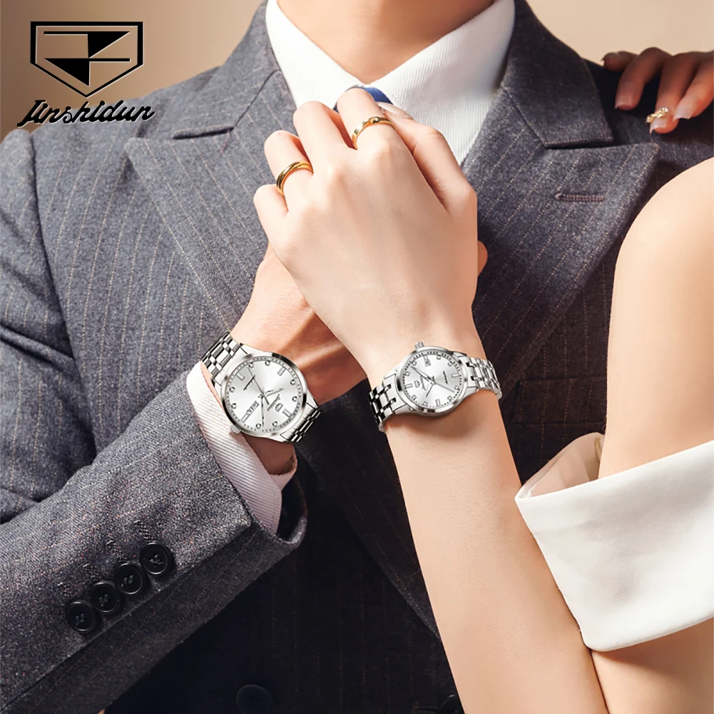 JSDUN 8841 Couple Watches for Men Women Stainless Steel Simple Luxury Dual Calendar Business Automatic Mechanical Wristwatches