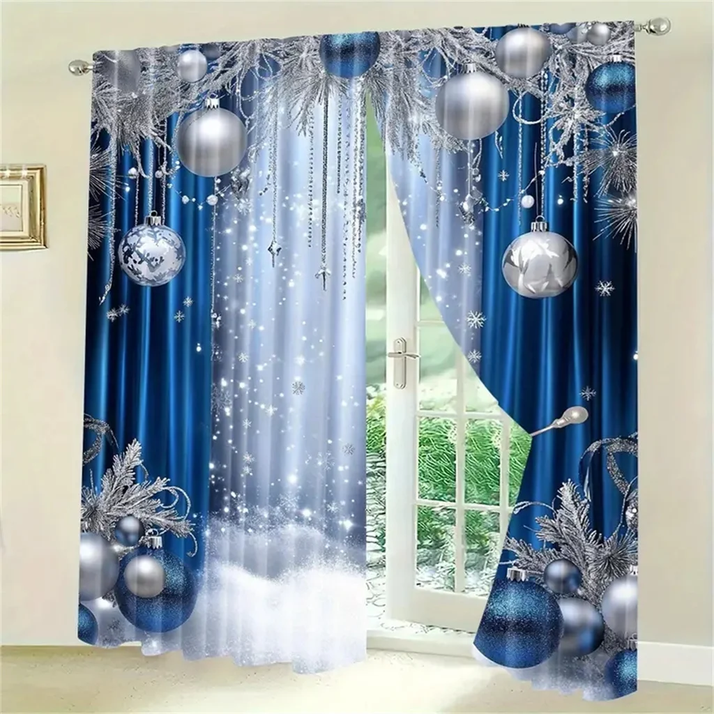 2pcs Classic Christmas Lantern Trees Elk Print Curtains Hand Washable,Hookless Rod Pocket For Living room Bedroom Kitchen Office