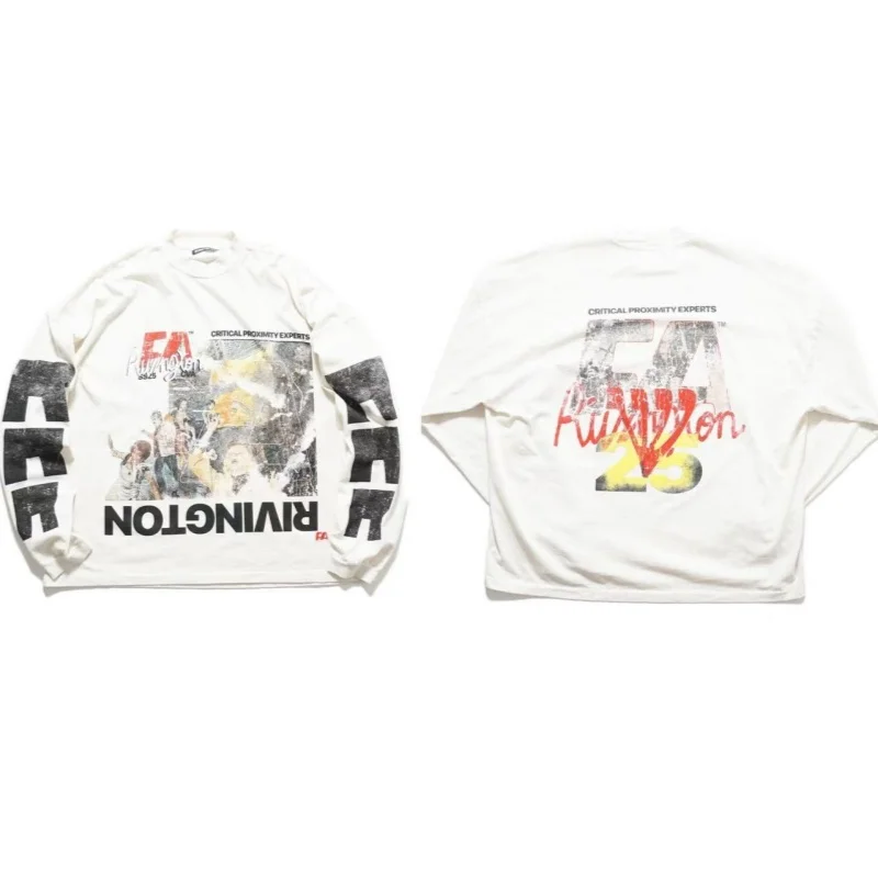 

25SS Air Crash Graffiti Белая RRR-123 Осенняя хлопковая модная футболка с круглым вырезом в стиле ретро с длинными рукавами RRR123 TEE