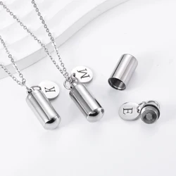 Classics Silver Color Stainless Steel Cremation Urn Ashes Cylinder Vial Pendant Necklace  Letter Initial Charm Memorial Jewelry