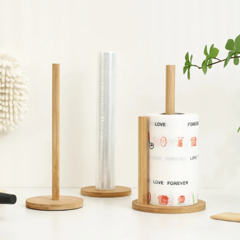 Soporte para papel de cocina de bambú, organizador Vertical de rollos de papel de madera para cocina y comedor, soporte para película adhesiva, soporte para trapo perezoso, 1 ud.