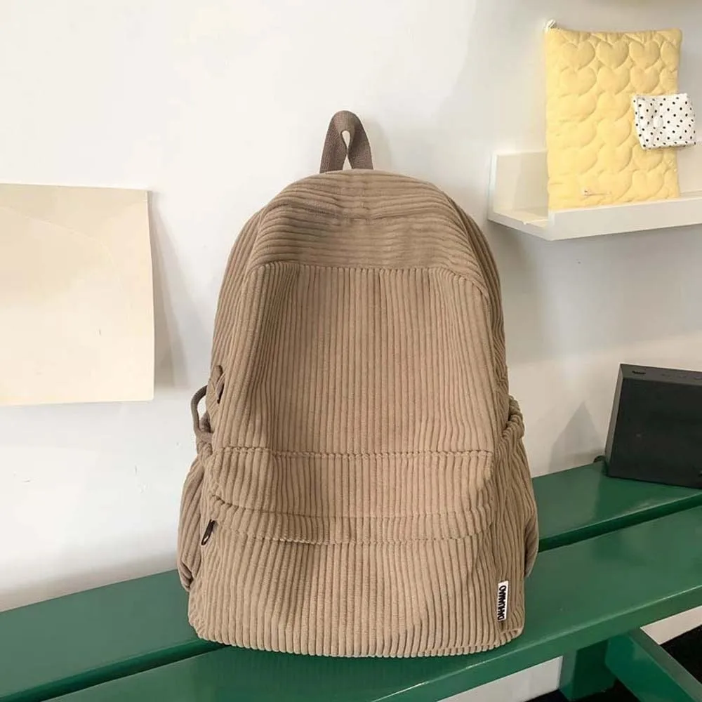 Lightweight Corduroy Backpack Large Capacity Japanese Style Solid Color School Bag Portable Adjustable Casual Students Daypack