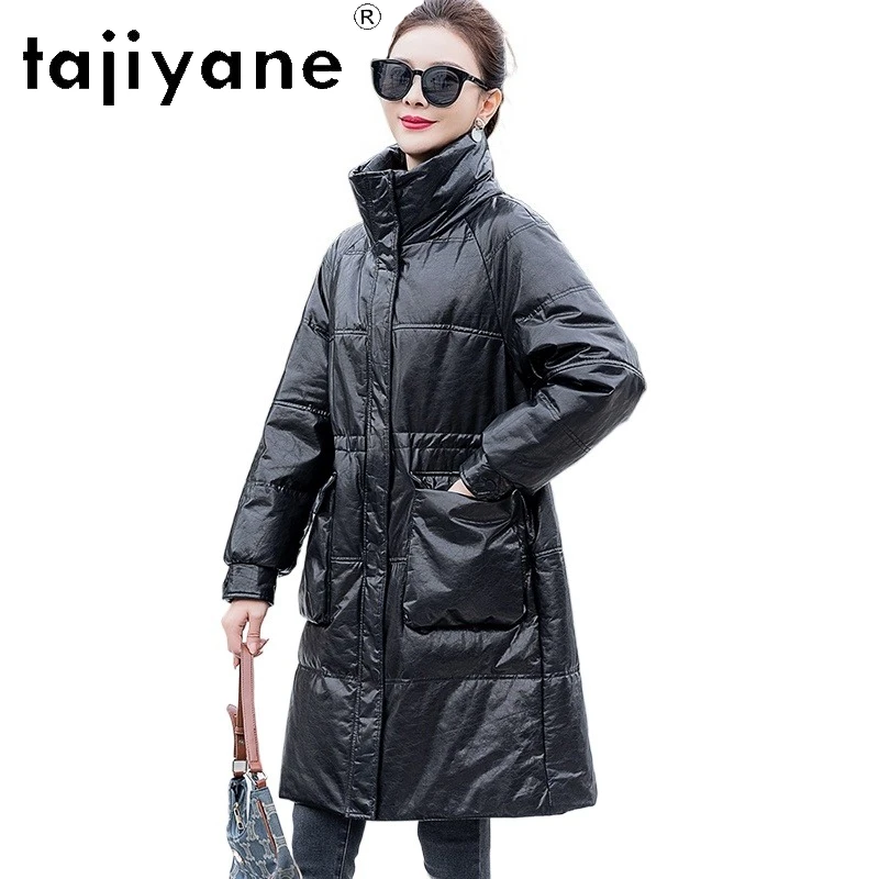 TAJIYANE 100% جلد البقر أوزة أسفل معطف المرأة أنيق سليم الجلد الحقيقي سترة منفوخة الشتاء ملابس خارجية امرأة الملابس 2025 신상АКю터