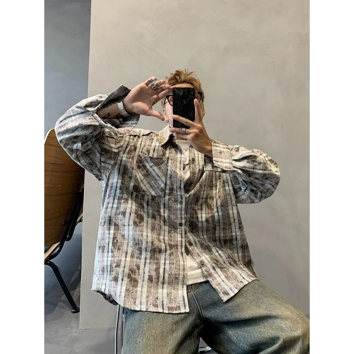 

Retro American Plaid irt Loose Long Sve ex Autumn Faion Outerwear Design Sense Top Polyester Stand Fit irt
