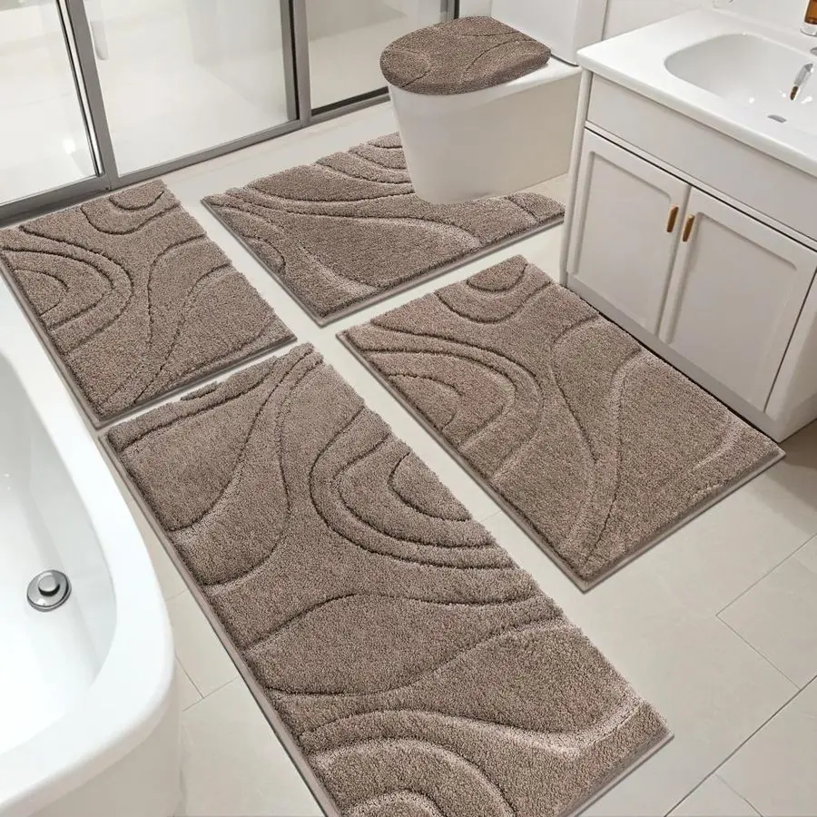 

Bathroom Rugs Sets 5 Piece, Soft Absorbent Microfiber Bath Mat for Bathroom, Non Slip Washable Bath Rug Set with Toilet Cover, B