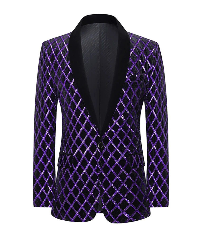 High quality men's sequin plaid stage singer performance host suit jacket slim purple tuxedos Celebrity Gowns Party Gowns
