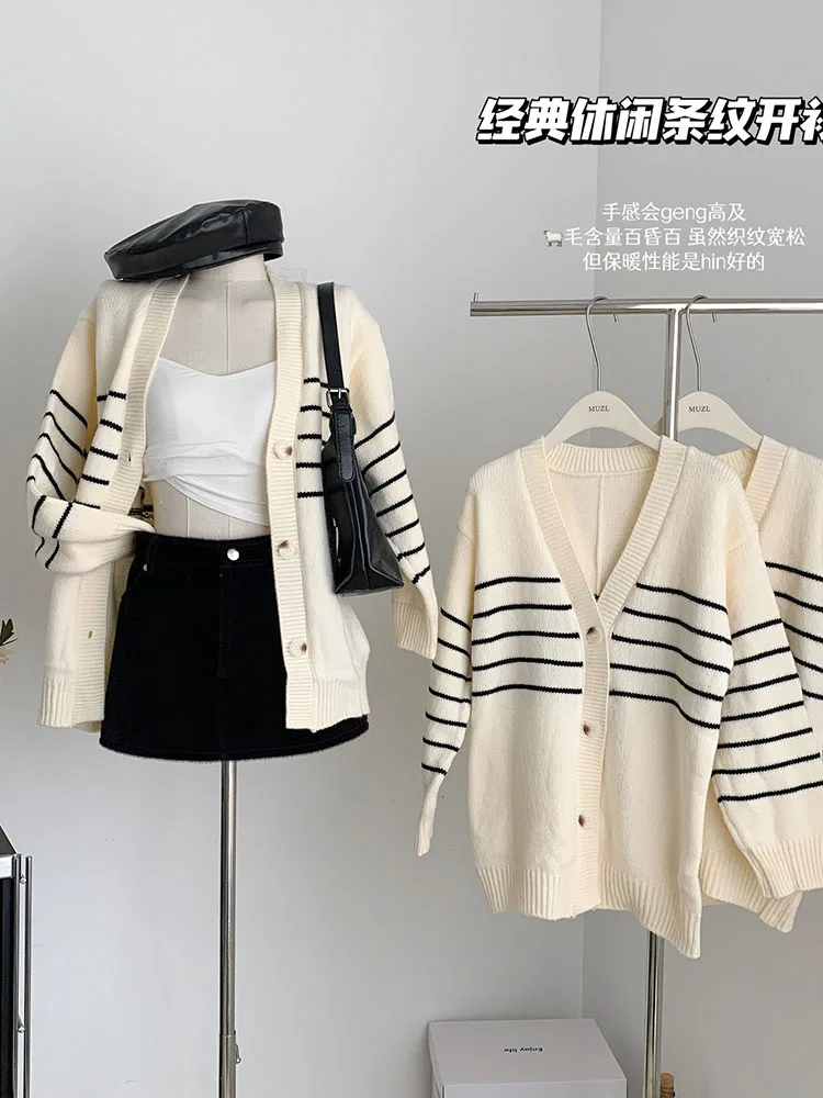 Korean Fashion Simple Casual Sweater Women V-Neck Long Sleeve Striped Cardigan Autumn 2024 Button Design Knit Top Preppy Style