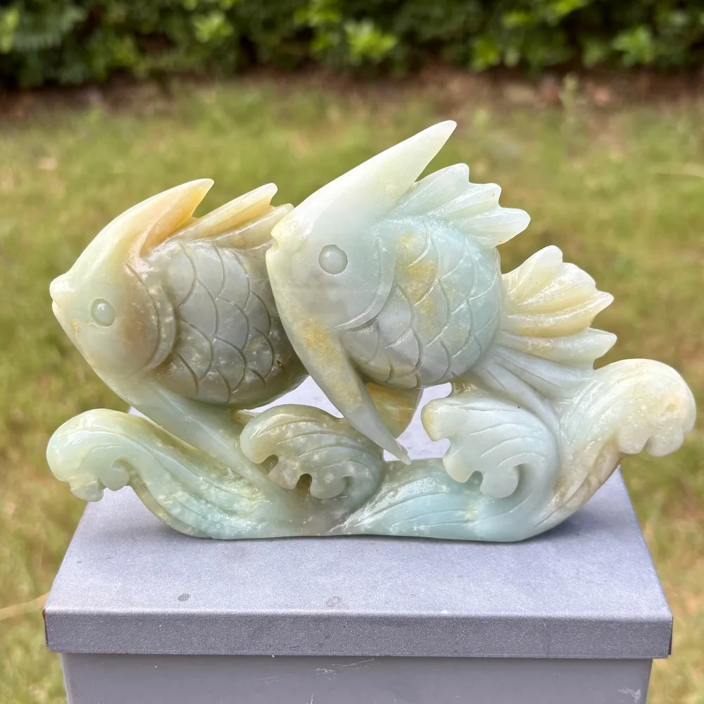 492g Natural Amazonite Hand Carved Twin Fish Wave Sculpture, Crystal Fish Statue, Home Desktop Decor, Healing Collectible Gift