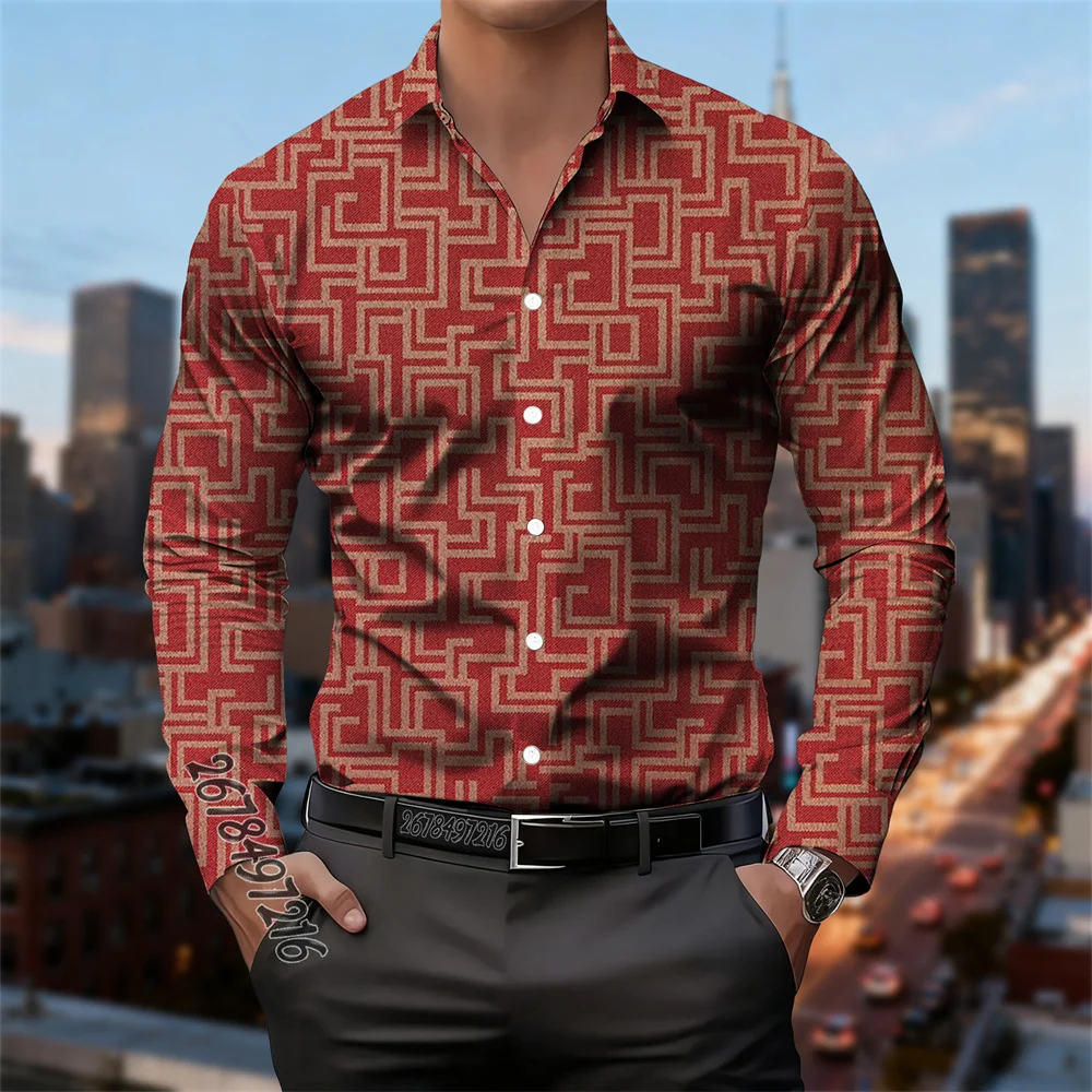 20 Men's Retro Geometric Red-Brown Print Long-Sleeve Shirts: Eye-Catching and Stylish Cross-Border Hot Selling Fashion Items