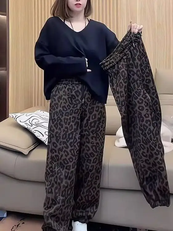 plus Size 300 Pounds Sister Leopard Print Cuffed Sweatpants Women's High Waist Casual Sports Harlan Pants Loose Fit Wide Leg
