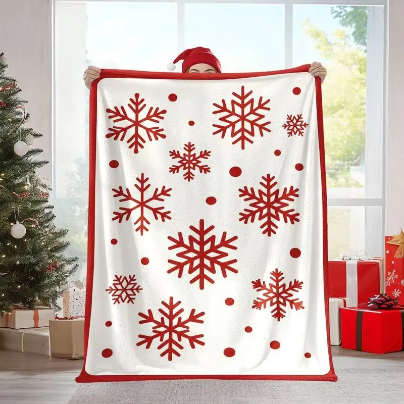 VIKAMA Ins Nordic Style Christmas Snowflake Flannel Throw Blanket White Red Snow Print Warm Sofa Bedroom Home Decor Cover