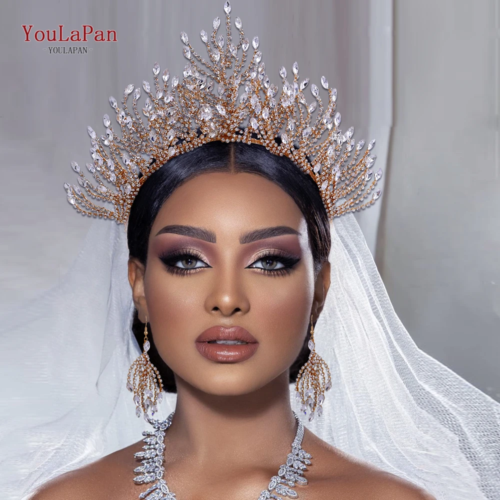 

YouLaPan Luxury Crafted Gold Rhinestone Crown Hairband Handmade Brides Suitable Wedding Banquets Party Hair Accessories HP374