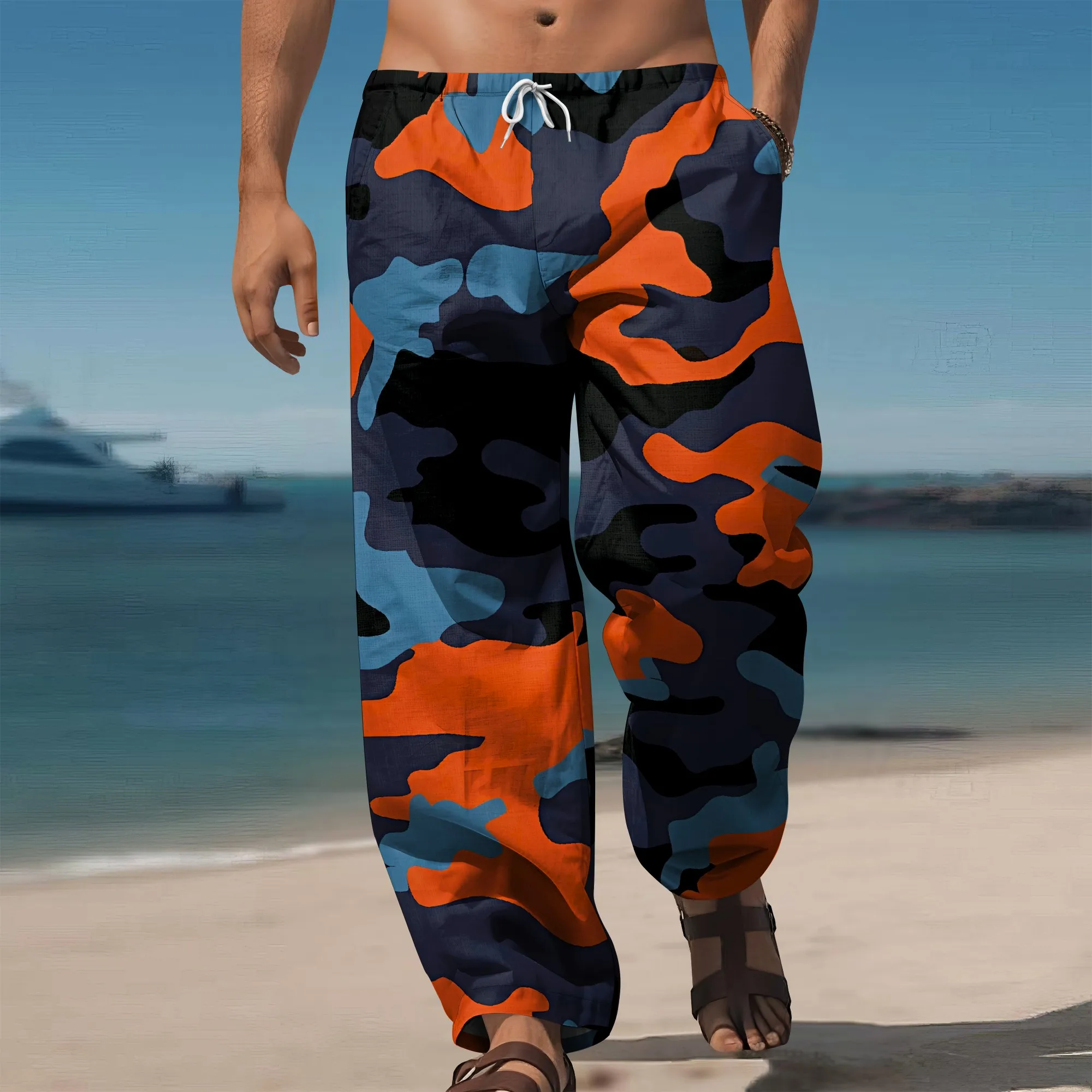 

YEAE Orange Camo Print Pants for Men Summer Casual Loose Drawstring Trousers