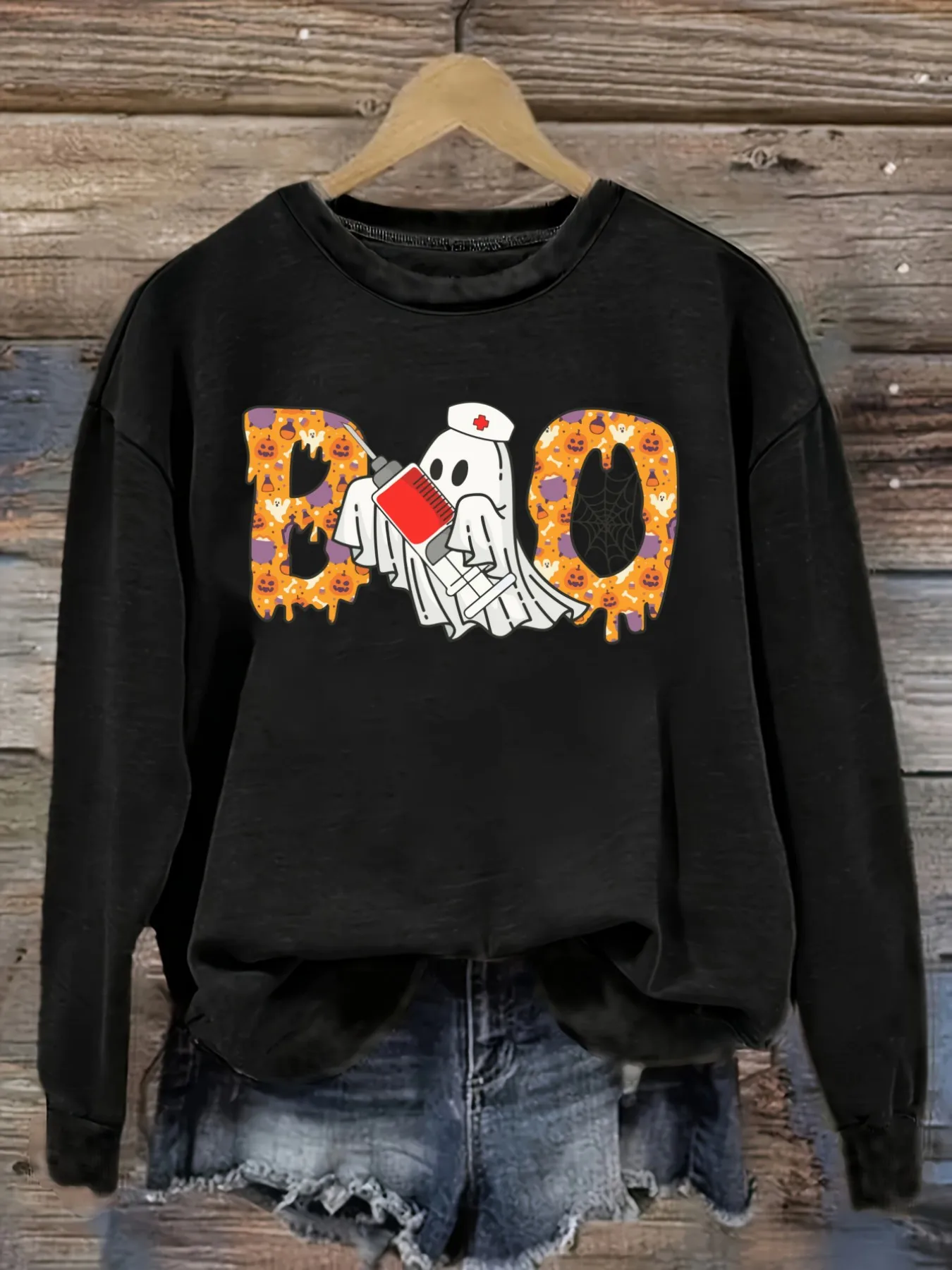 Women's Casual Long Sleeve Crew Neck T-Shirt Boo Ghost Halloween Graphic Print Design, Round Neck Women's Clothing, Machine Washable, Slightly Elastic, Loose Fit, Spring Autumn Winter Women's T-Shirt, Halloween Costume Outfit
