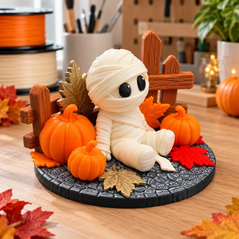Halloween Mummy Figurine 3D Printed Tabletop Ornament With Pumpkin Maple Leaf Fence Scene Spooky Desktop Home Party Decoration