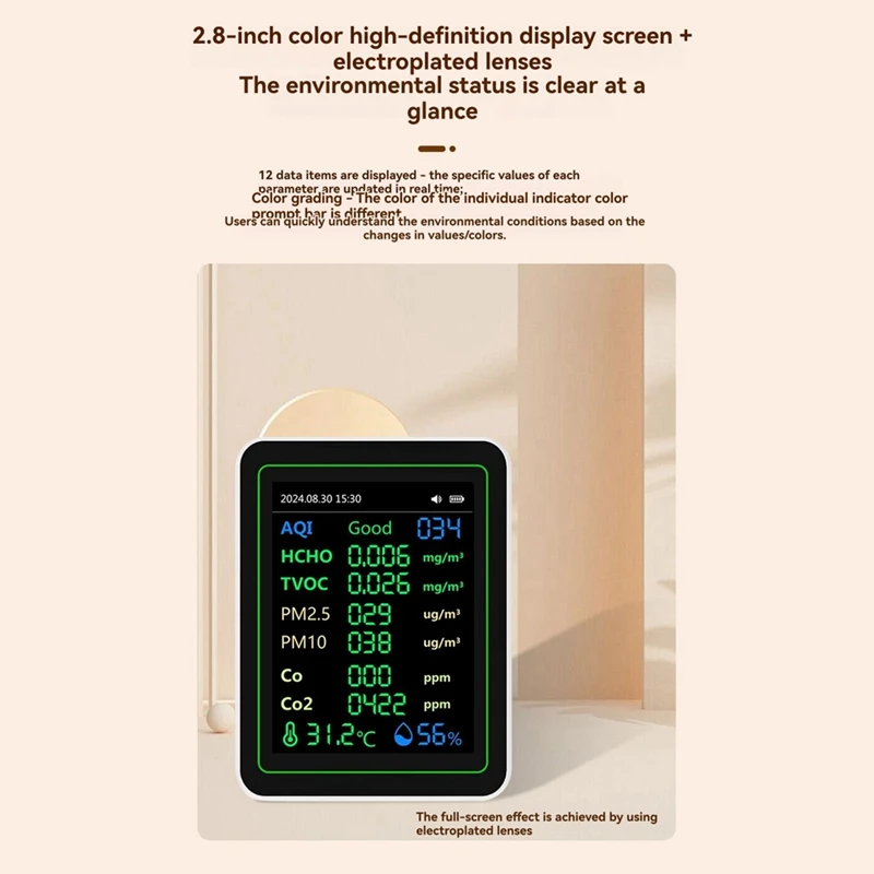 12 in 1 Air Quality Tester Temperature/Humidity /Time/CO/CO2/Curve/TVOC//PM2.5/PM10/Formaldehyde with Bracket Black-ABFB