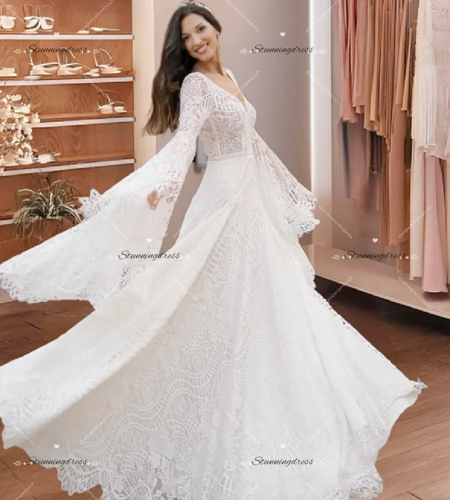 Crochet Lace Bohemian Wedding Dress 2026 Flare Sleeve Backless Boho Bridal Dress Elopement Outdoor Gatsby Beach Bride Dress Chic