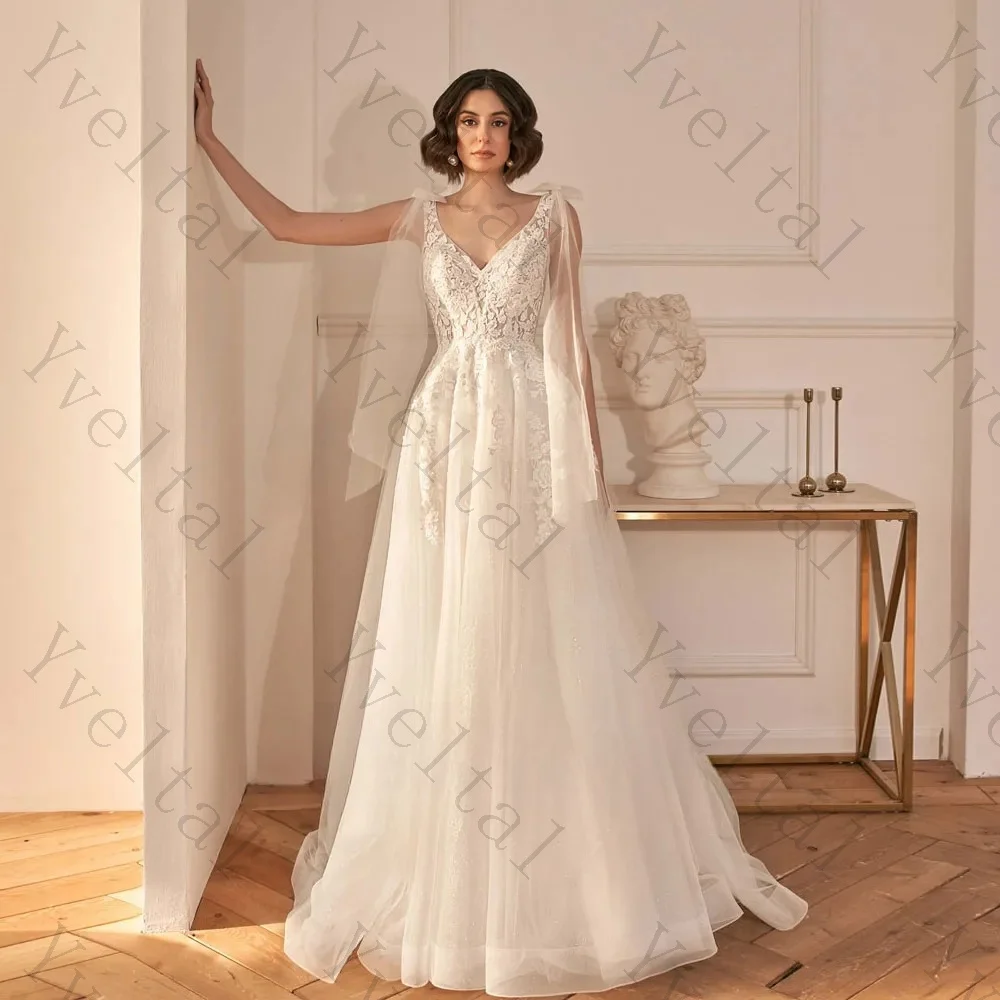 Customized Dignified Temperament Bow Wedding Dresses Resses Lace Appliques Zipper A-line Tulle Sleeveless Enchanting Bridal Gown
