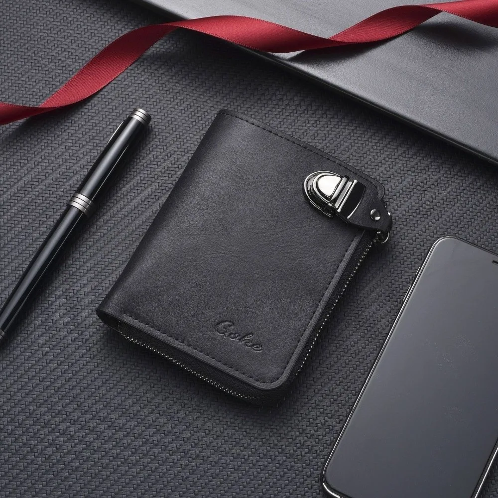 محفظة رجالية فاخرة بسحاب بلون سادة وفتحات بطاقات متعددة وحامل بطاقات عمل وإبزيم قصير ومحفظة جلدية للعملات المعدنية يوميًا #4