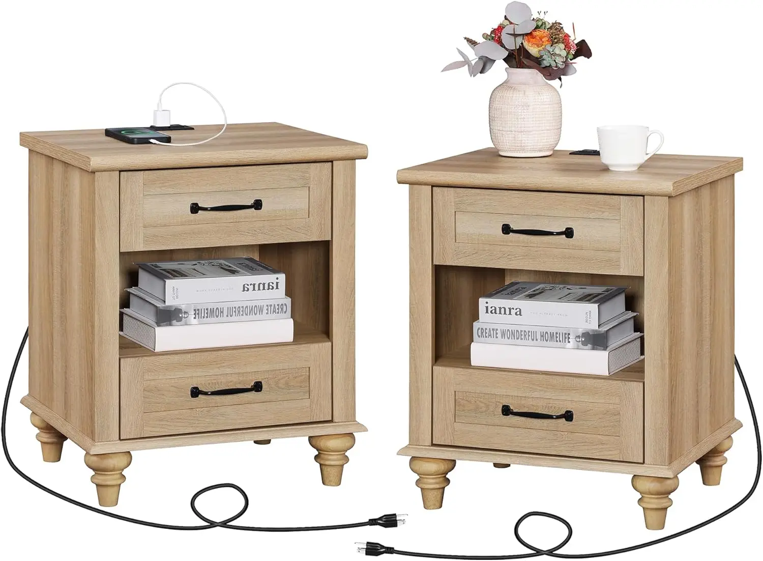 Wampat Oak Nightstands Set Of 2 Side Tables With Charging Station, Farmhouse End Table With 2 Drawers & Shelf For Living Room,