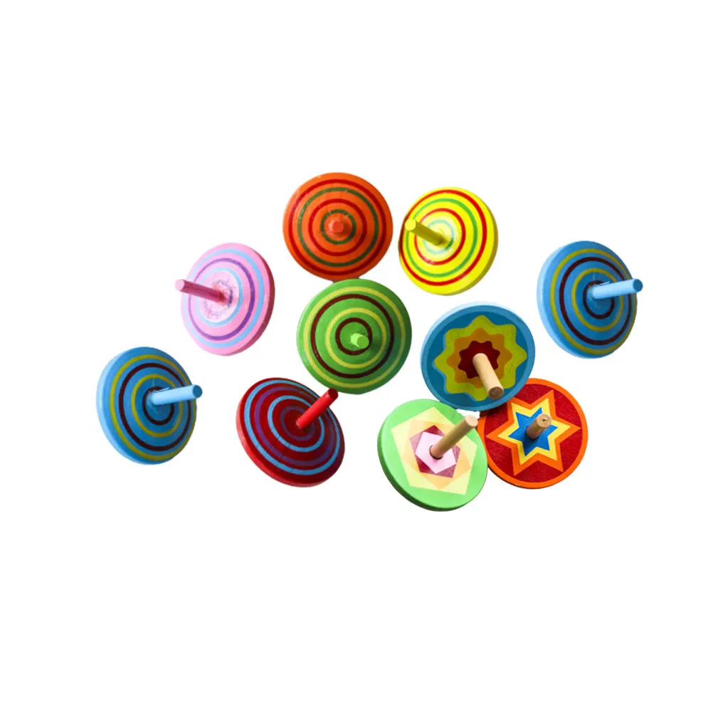 

10 Pcs Wooden Spinning Tops Toys Eco Friendly Kids Top Game Mini Size Bright Color Pattern Design Storage