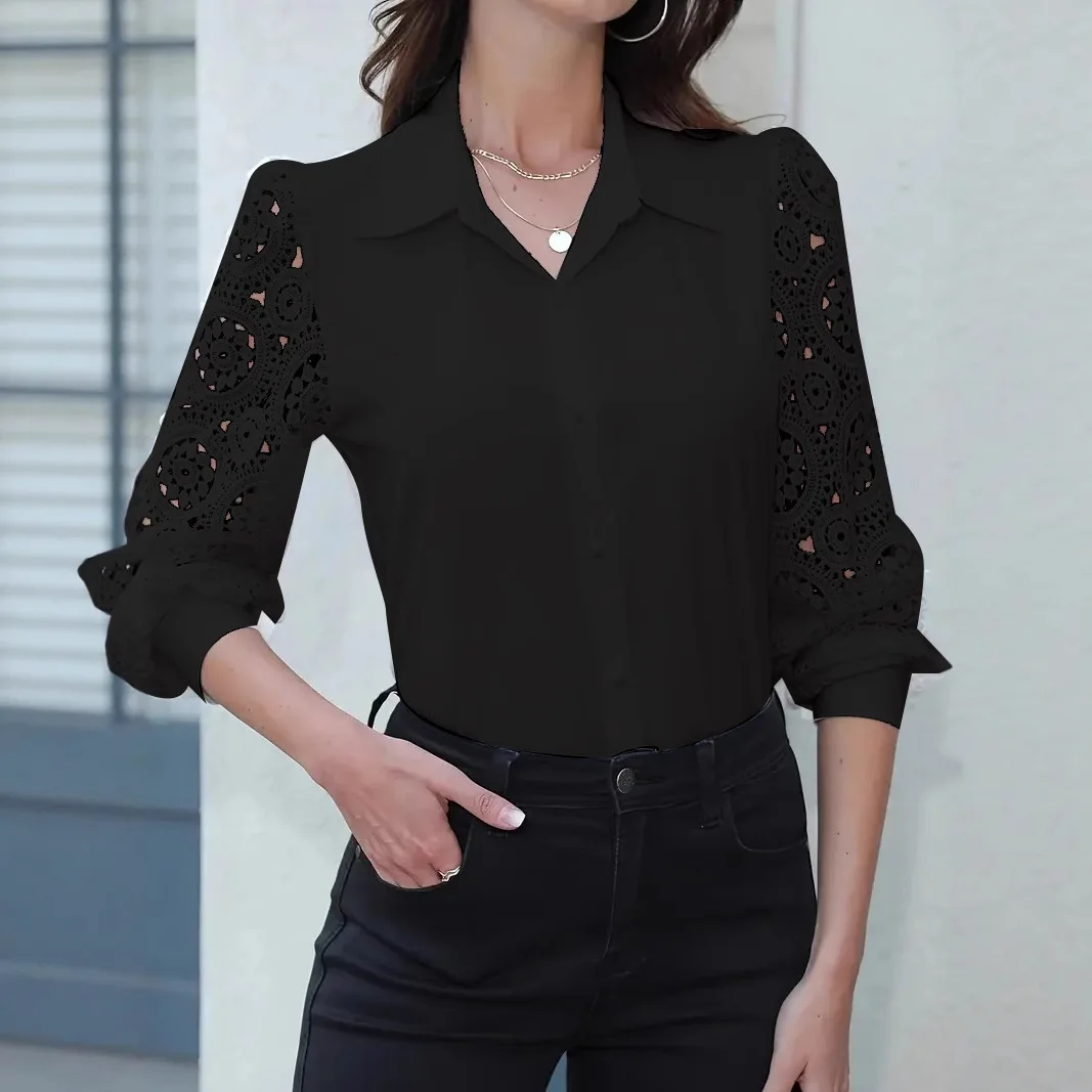 

2025 Spring Autumn Women's Shirt Fashion Lace Black Long Sleeve Office Lapel Button White Hollow Blouses for Female