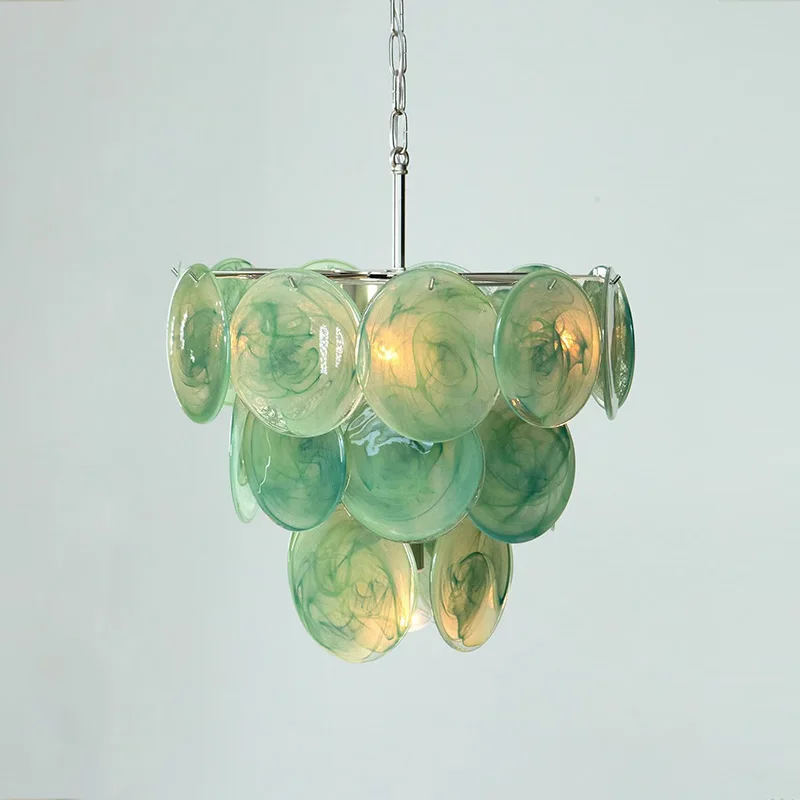 

Modern Murano Glass Disc Chandelier Metal Gold Silver Dimmable Ceilings Lustre for Restaurant Hotel Bedroom