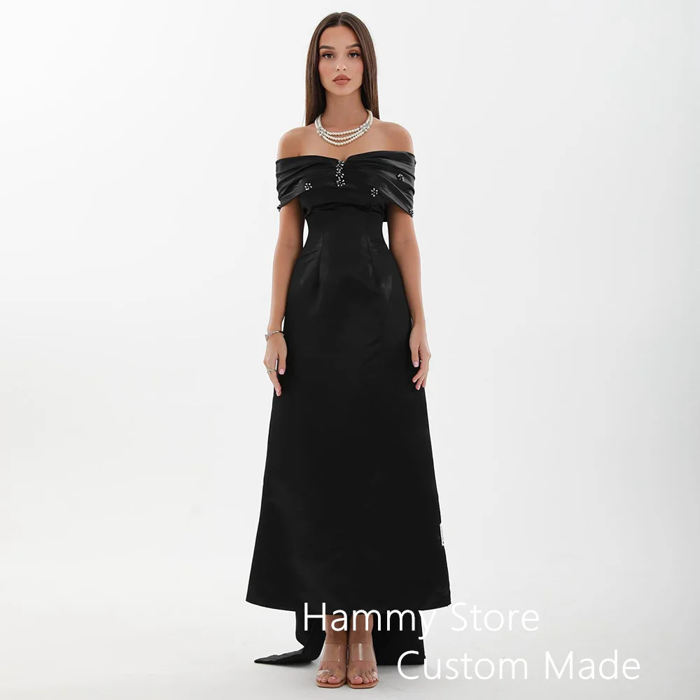 Cheap Prom Dress Customized Off Shoulder Boat Neck Beading Ankle Length A Line Saudi Arabic Evening Dresses Formal Occasion Gown