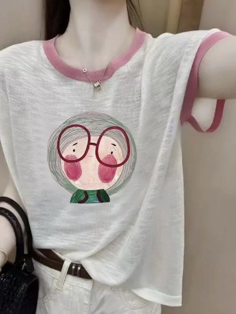 Outlet Zomer Ice Silk ort Sve T-shirt Dames Faion ronde Ne Dunne bedrukte top Cool Sensation Loose Fit Normale lengte