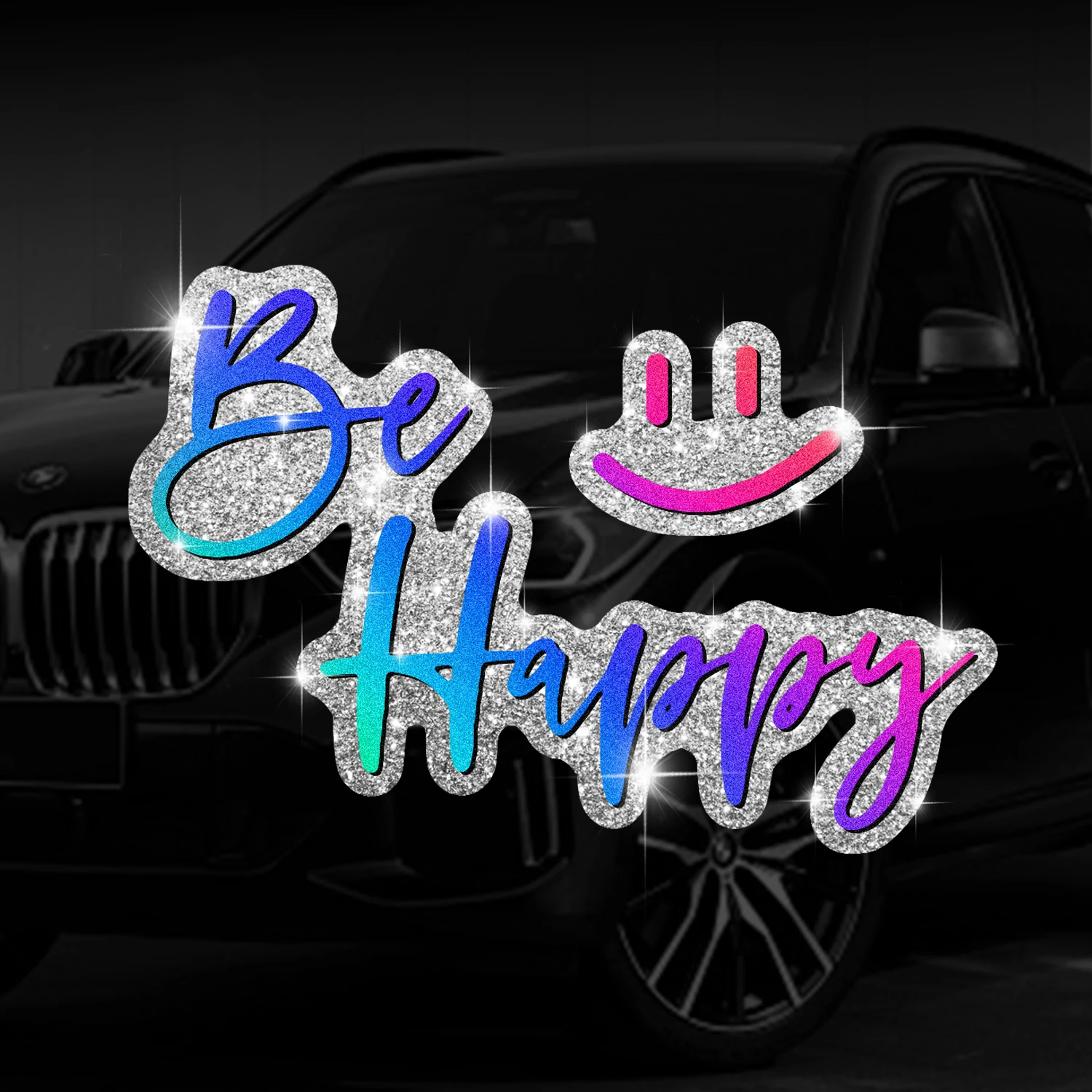 1 ملصق سيارة متألق بي سعيد مع تعبيرات لطيفة ومرحة، فينيل ذاتي اللصق، سهل التركيب، مناسب للسيارات والشاحنات #3