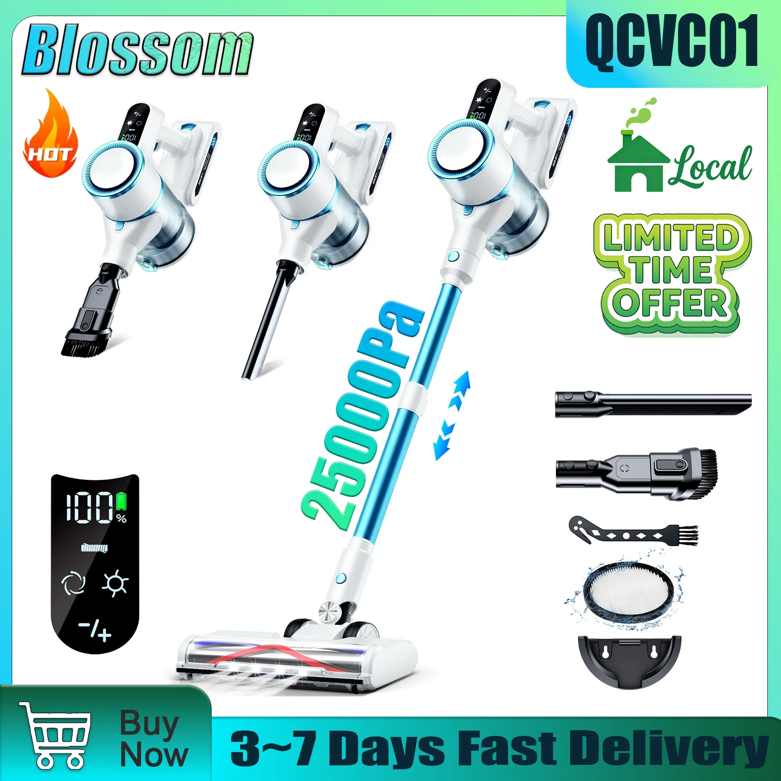Blossom QCVC01 Wireless Vacuum Cleaner 4-in-1 25kPa Suction Cordless Stick Vacuum for Home Pet Hair Floor Carpet Car Cleaning