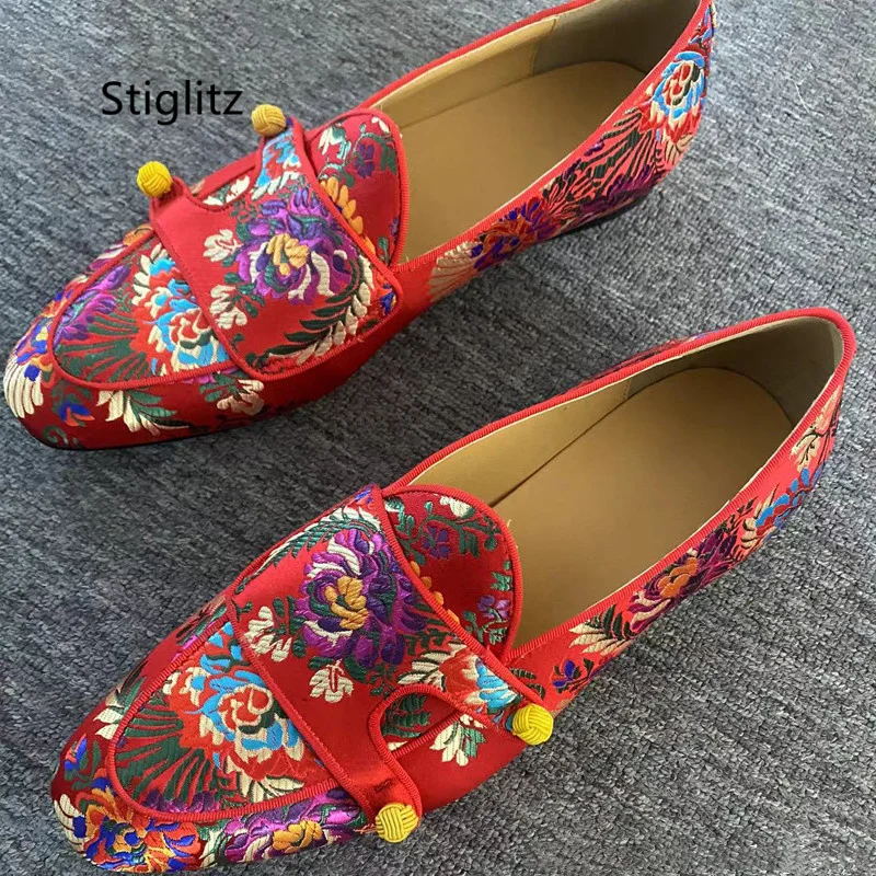 Red Blue Yellow Embroidered Loafers Men\'s Shoes Double Buckle Slip On Casual Flats Business Shoes Social Shoe Male Breathtable