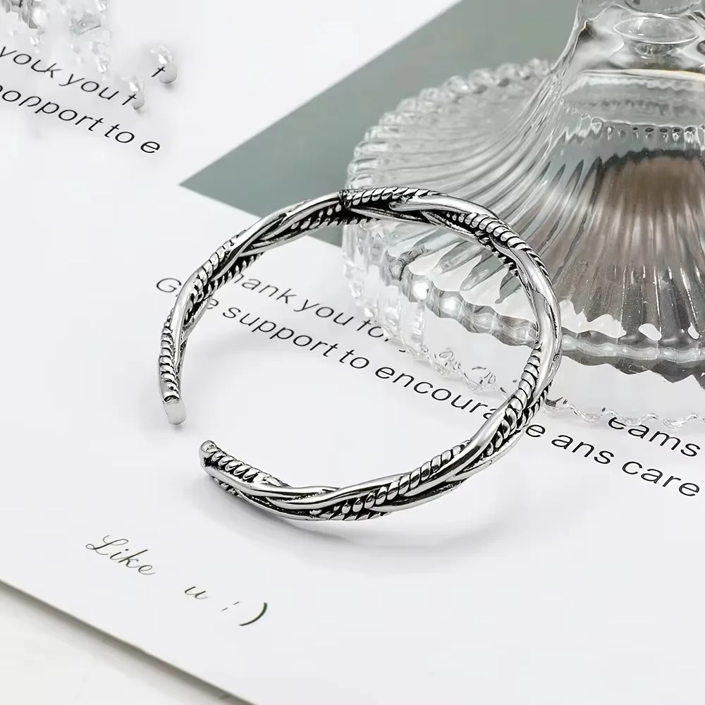 One, European and American Antique Silver Bracelet, Male and Female Personality, Fried Dough Twists Opening Adjustable Bracelet