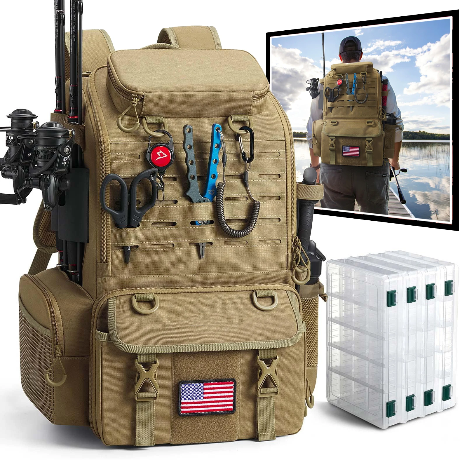 

Рюкзак для рыболовных снастей объемом 52 л с держателями для удочек и 4 коробками для снастей, большая сумка для хранения снастей с дождевиком