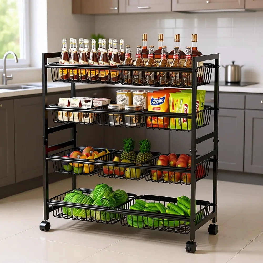 

4 Tier Rolling Metal Storage Cart with 10 Wire Baskets Adjustable Kitchen Organizer for Snacks Fruit Vegetables