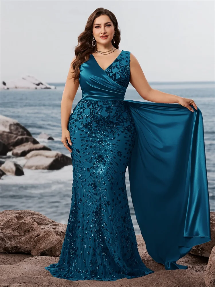 teal evening dress plus size Lace-Up Back Plus-Size Long Prom Ball Gown C148C Dusty Teal / 16
