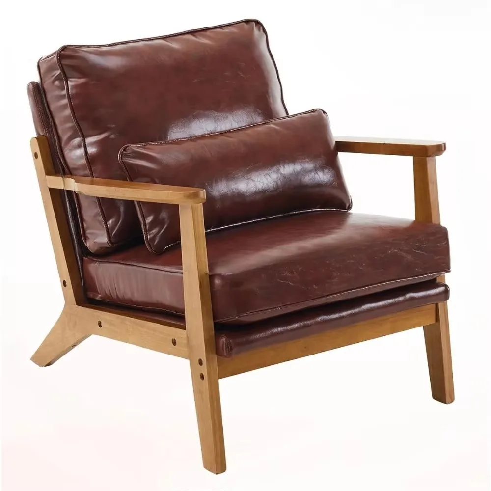 Coffee chair with wide armrests in solid wood, mid-century modern chair with pillows, comfortable armchair, chair living room