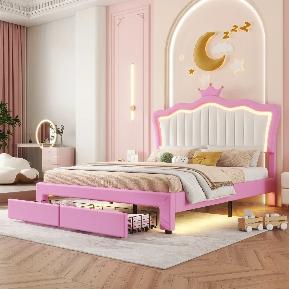 Full Size Upholstered Bed Frame with LED Lights,Modern Upholstered Princess Bed Crown Headboard,2 Drawers,Pink Bunk Bed for Kids